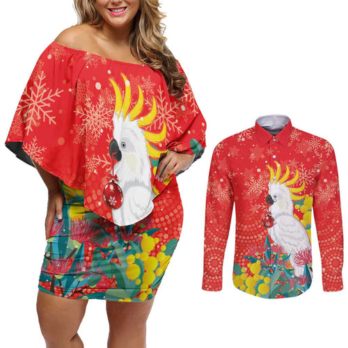 Sulphur-crested Cockatoo Christmas Couples Matching Off Shoulder Short Dress and Long Sleeve Button Shirt Australia Gumtree With Golden Wattle