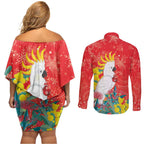 Sulphur-crested Cockatoo Christmas Couples Matching Off Shoulder Short Dress and Long Sleeve Button Shirt Australia Gumtree With Golden Wattle