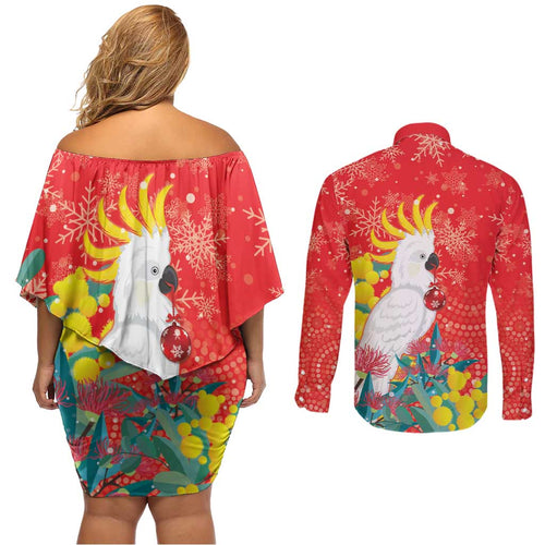 Sulphur-crested Cockatoo Christmas Couples Matching Off Shoulder Short Dress and Long Sleeve Button Shirt Australia Gumtree With Golden Wattle
