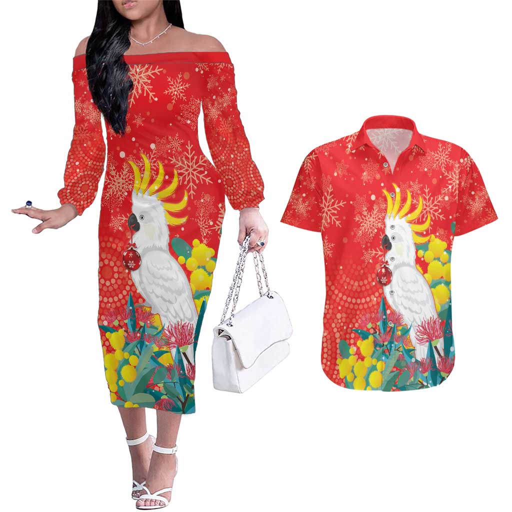 Sulphur-crested Cockatoo Christmas Couples Matching Off The Shoulder Long Sleeve Dress and Hawaiian Shirt Australia Gumtree With Golden Wattle