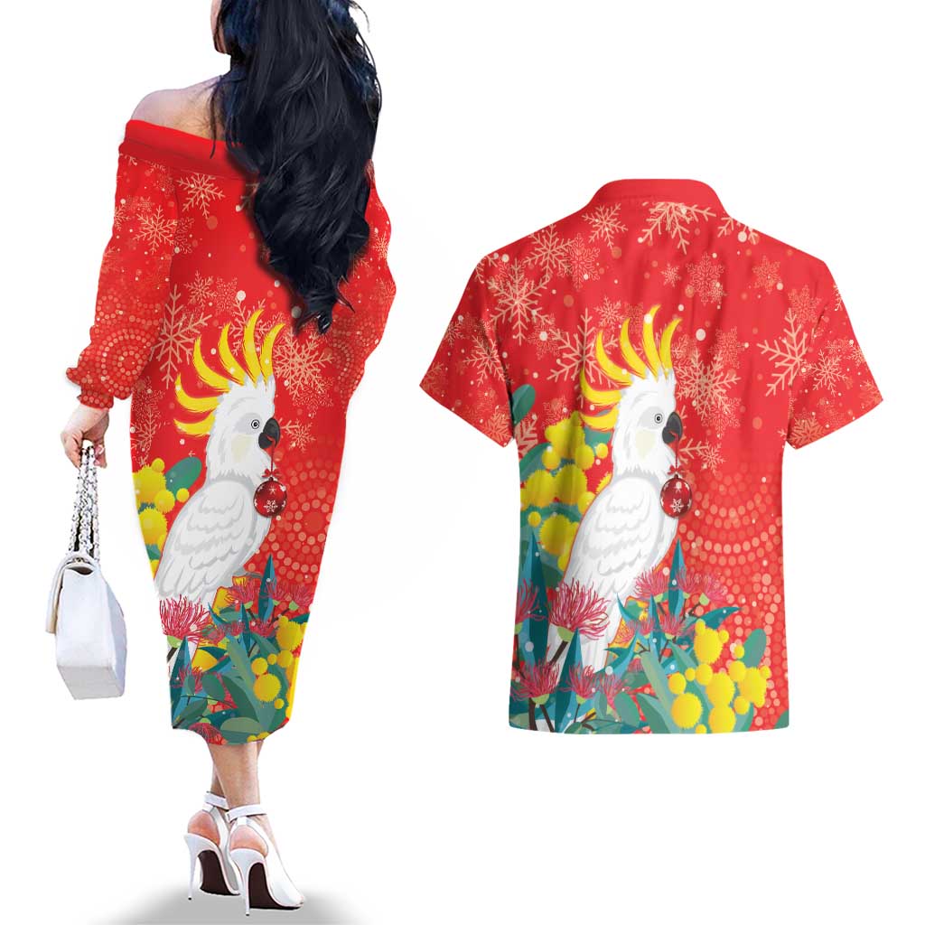 Sulphur-crested Cockatoo Christmas Couples Matching Off The Shoulder Long Sleeve Dress and Hawaiian Shirt Australia Gumtree With Golden Wattle
