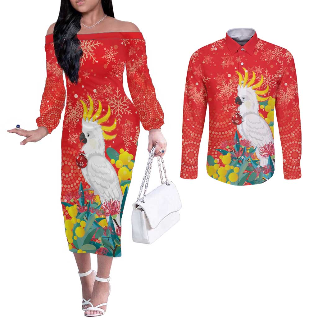 Sulphur-crested Cockatoo Christmas Couples Matching Off The Shoulder Long Sleeve Dress and Long Sleeve Button Shirt Australia Gumtree With Golden Wattle