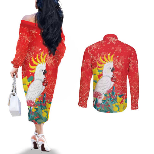 Sulphur-crested Cockatoo Christmas Couples Matching Off The Shoulder Long Sleeve Dress and Long Sleeve Button Shirt Australia Gumtree With Golden Wattle