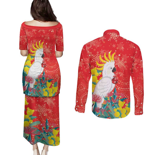 Sulphur-crested Cockatoo Christmas Couples Matching Puletasi and Long Sleeve Button Shirt Australia Gumtree With Golden Wattle