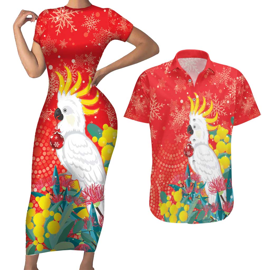 Sulphur-crested Cockatoo Christmas Couples Matching Short Sleeve Bodycon Dress and Hawaiian Shirt Australia Gumtree With Golden Wattle