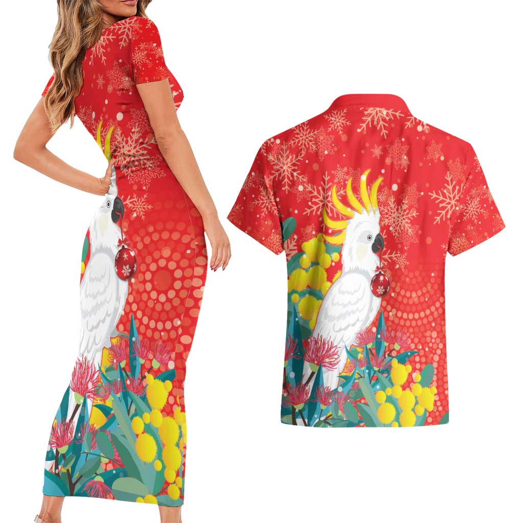 Sulphur-crested Cockatoo Christmas Couples Matching Short Sleeve Bodycon Dress and Hawaiian Shirt Australia Gumtree With Golden Wattle