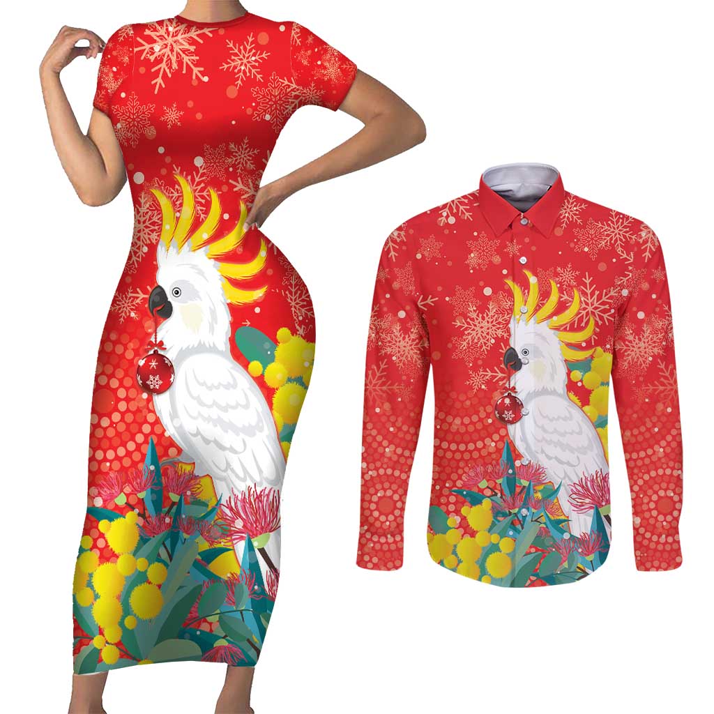 Sulphur-crested Cockatoo Christmas Couples Matching Short Sleeve Bodycon Dress and Long Sleeve Button Shirt Australia Gumtree With Golden Wattle