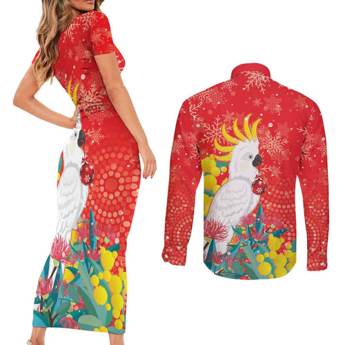 Sulphur-crested Cockatoo Christmas Couples Matching Short Sleeve Bodycon Dress and Long Sleeve Button Shirt Australia Gumtree With Golden Wattle