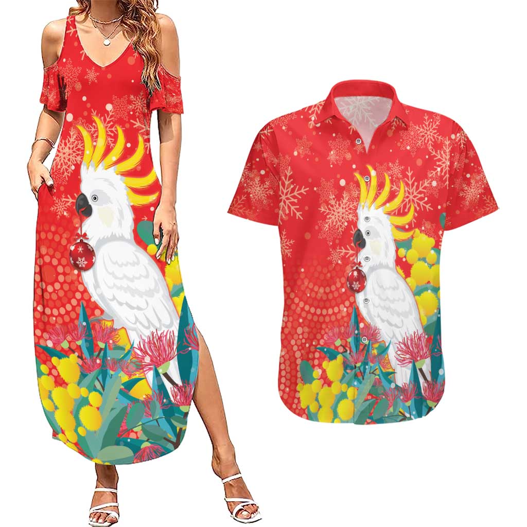 Sulphur-crested Cockatoo Christmas Couples Matching Summer Maxi Dress and Hawaiian Shirt Australia Gumtree With Golden Wattle