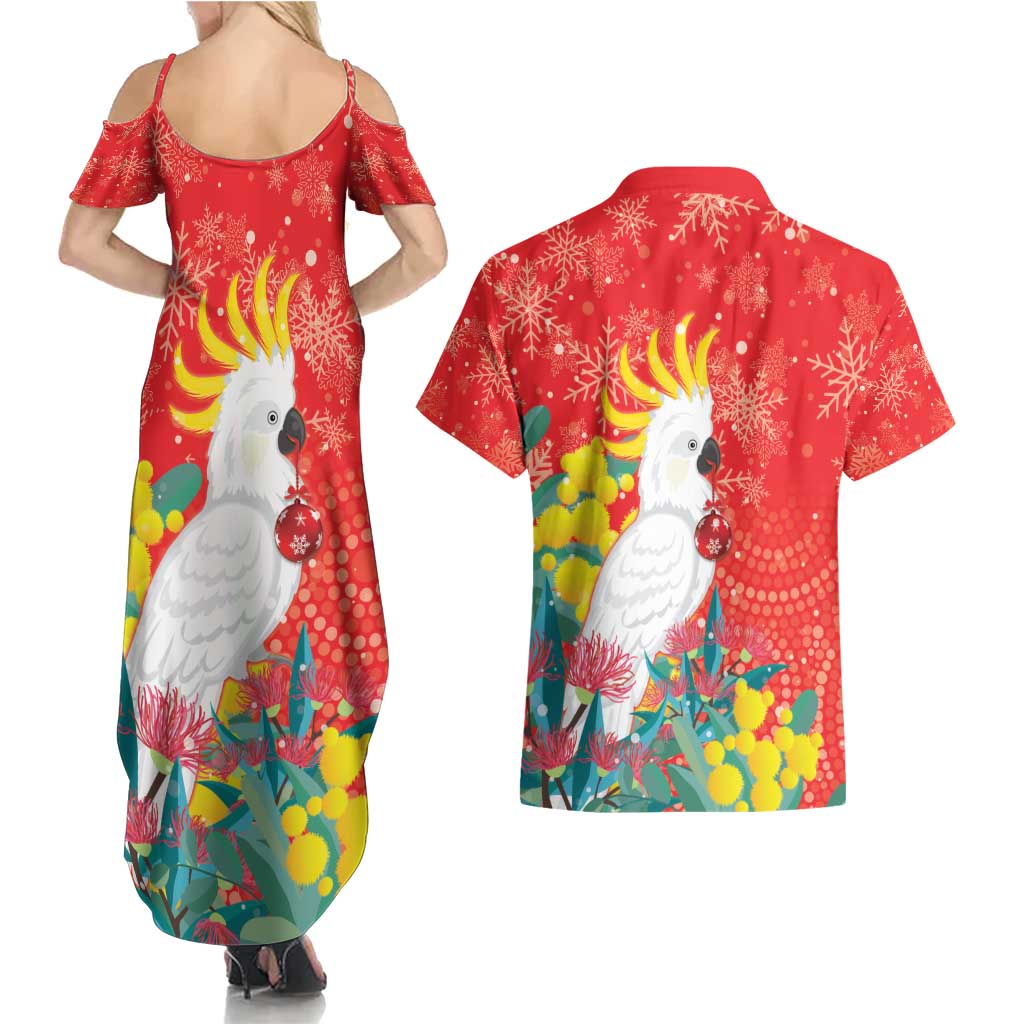 Sulphur-crested Cockatoo Christmas Couples Matching Summer Maxi Dress and Hawaiian Shirt Australia Gumtree With Golden Wattle