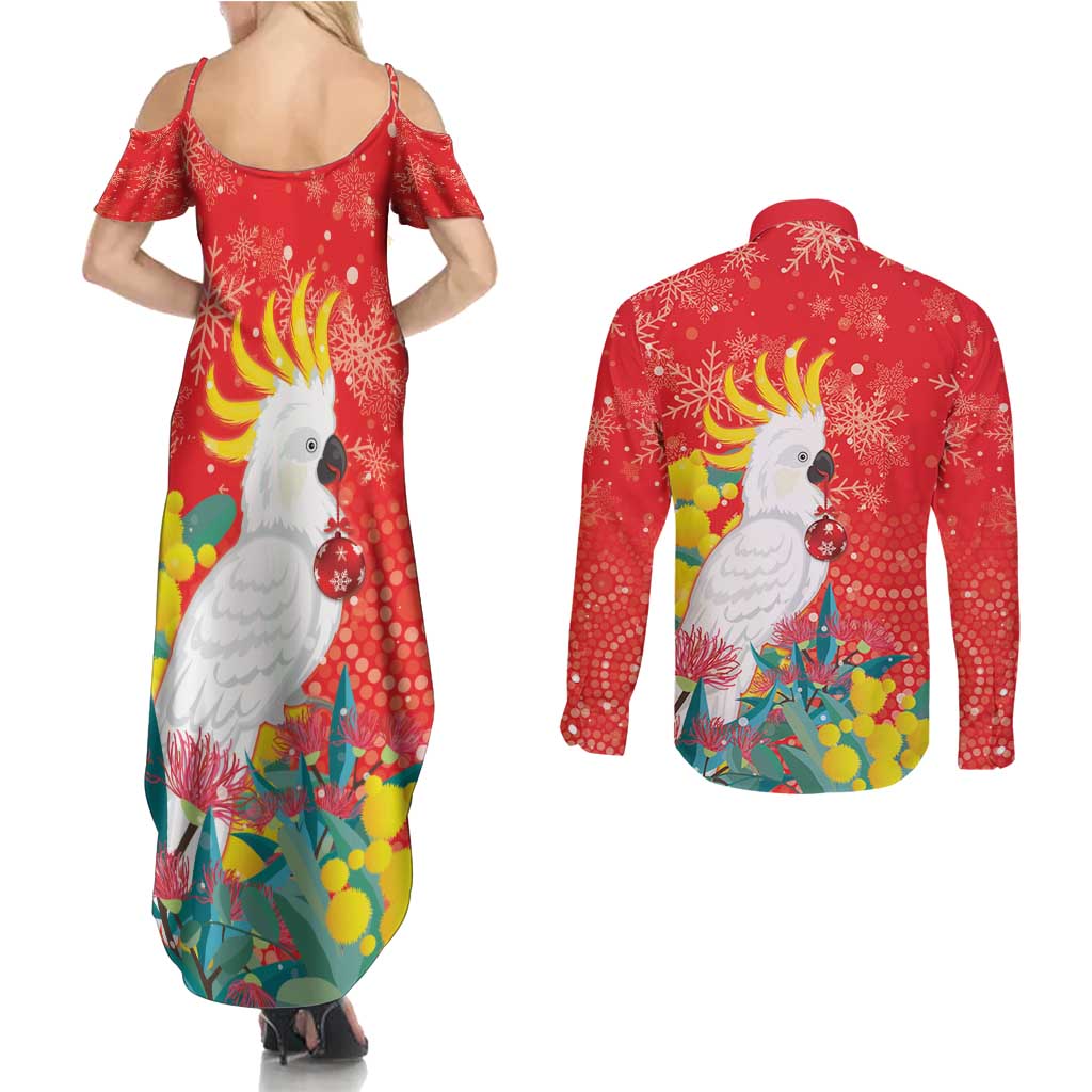 Sulphur-crested Cockatoo Christmas Couples Matching Summer Maxi Dress and Long Sleeve Button Shirt Australia Gumtree With Golden Wattle