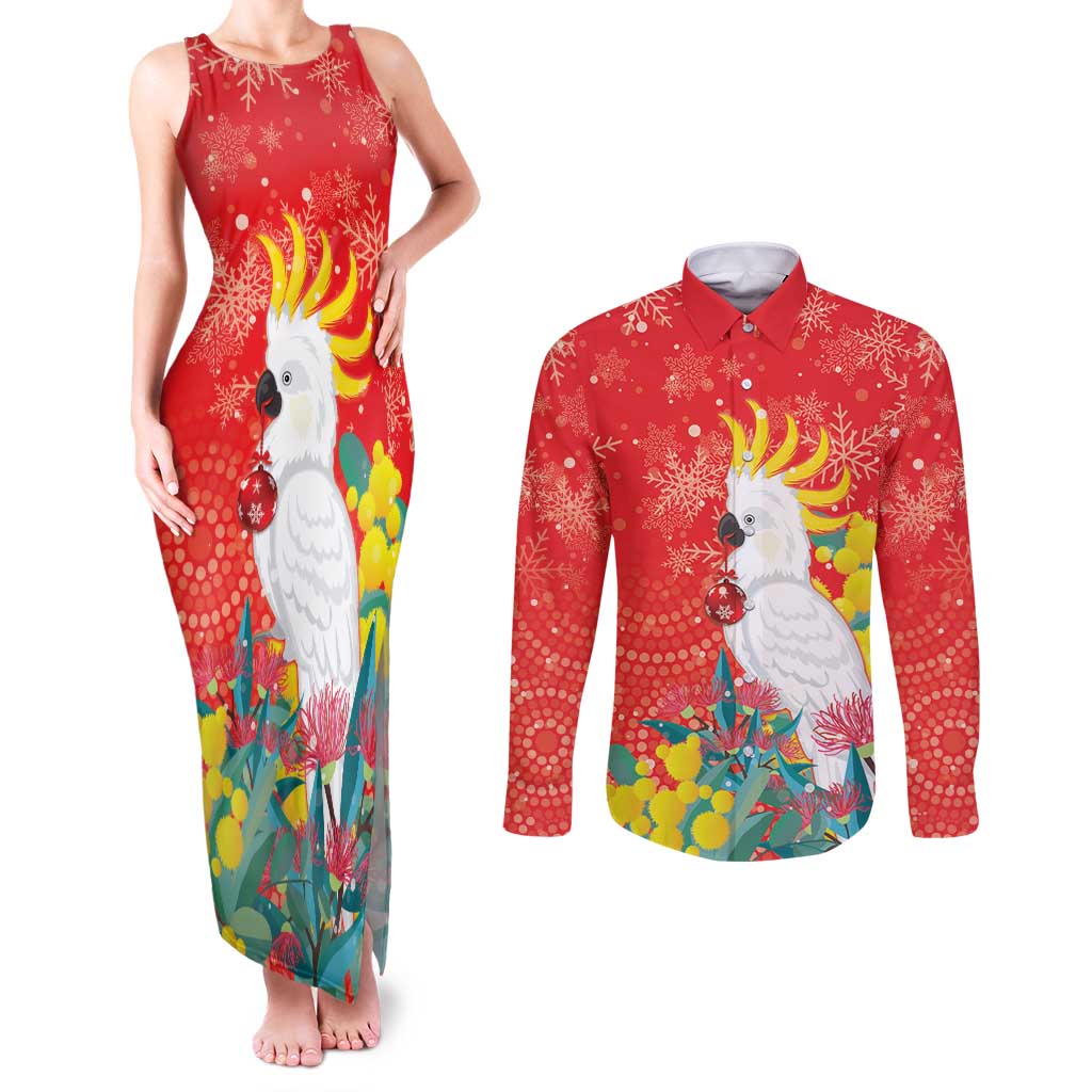 Sulphur-crested Cockatoo Christmas Couples Matching Tank Maxi Dress and Long Sleeve Button Shirt Australia Gumtree With Golden Wattle