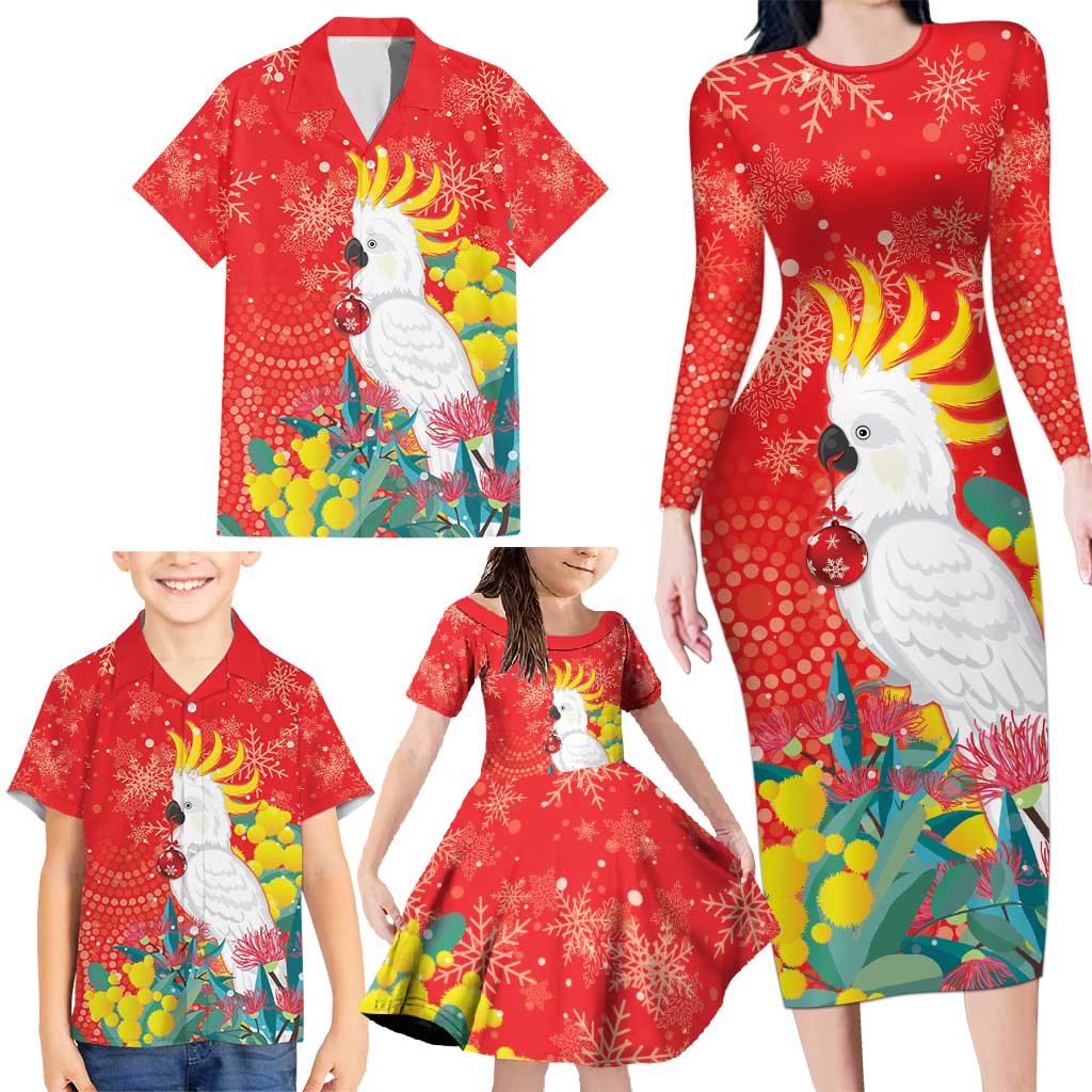 Sulphur-crested Cockatoo Christmas Family Matching Long Sleeve Bodycon Dress and Hawaiian Shirt Australia Gumtree With Golden Wattle