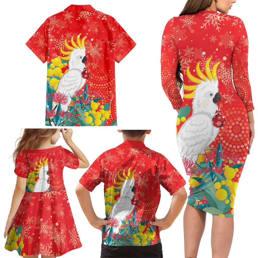 Sulphur-crested Cockatoo Christmas Family Matching Long Sleeve Bodycon Dress and Hawaiian Shirt Australia Gumtree With Golden Wattle