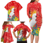 Sulphur-crested Cockatoo Christmas Family Matching Long Sleeve Bodycon Dress and Hawaiian Shirt Australia Gumtree With Golden Wattle