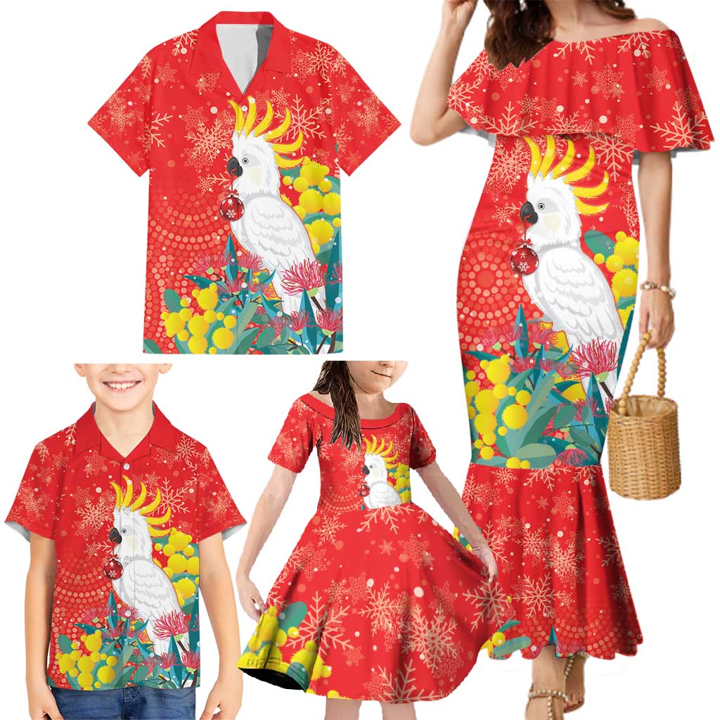 Sulphur-crested Cockatoo Christmas Family Matching Mermaid Dress and Hawaiian Shirt Australia Gumtree With Golden Wattle