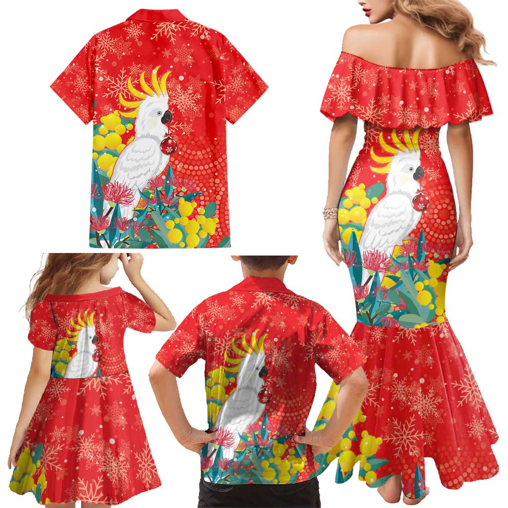 Sulphur-crested Cockatoo Christmas Family Matching Mermaid Dress and Hawaiian Shirt Australia Gumtree With Golden Wattle