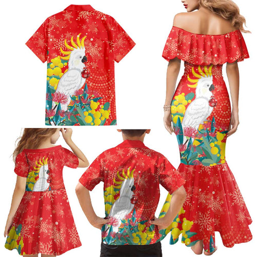 Sulphur-crested Cockatoo Christmas Family Matching Mermaid Dress and Hawaiian Shirt Australia Gumtree With Golden Wattle
