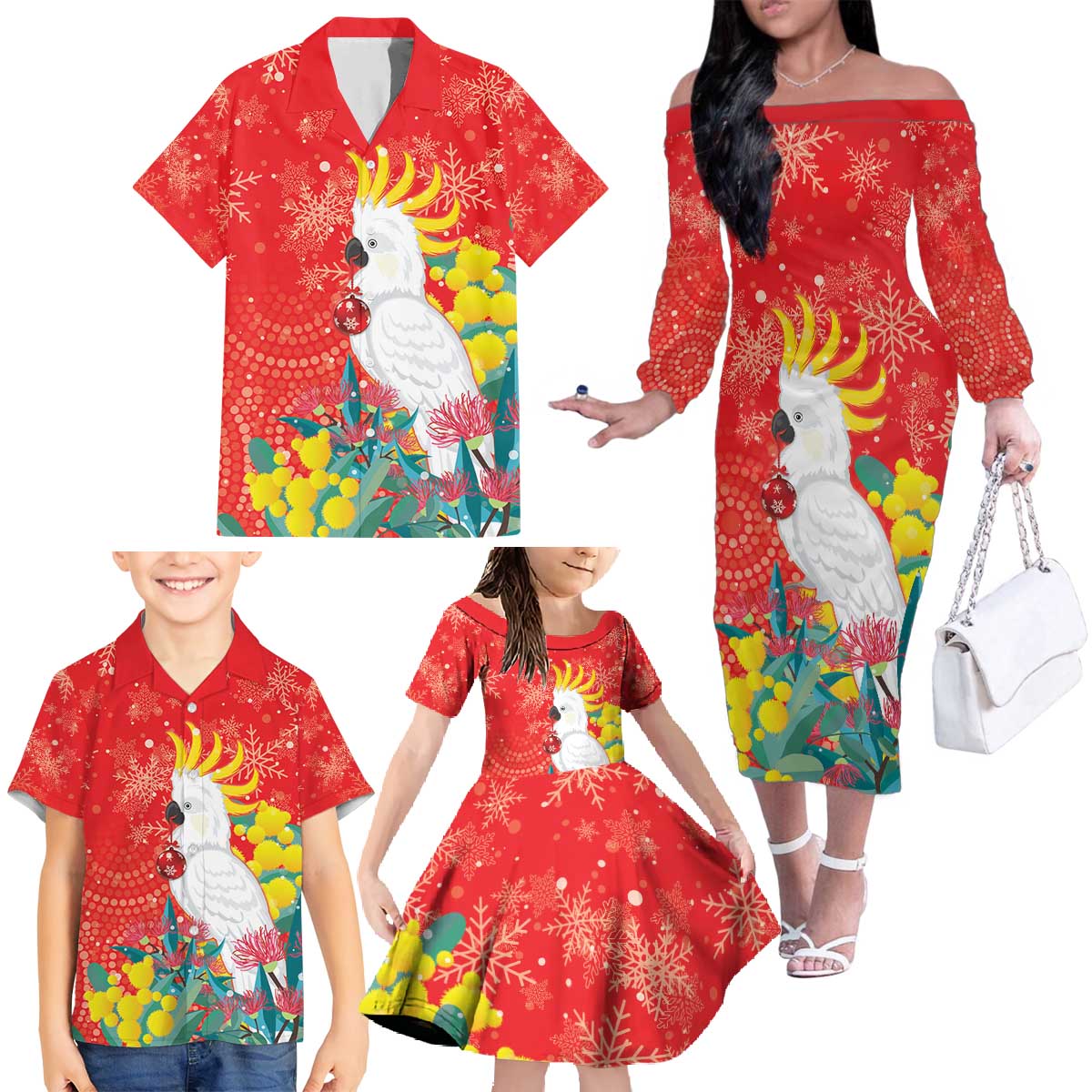 Sulphur-crested Cockatoo Christmas Family Matching Off The Shoulder Long Sleeve Dress and Hawaiian Shirt Australia Gumtree With Golden Wattle