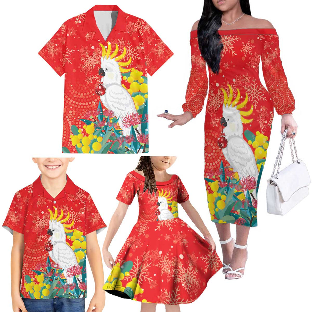 Sulphur-crested Cockatoo Christmas Family Matching Off The Shoulder Long Sleeve Dress and Hawaiian Shirt Australia Gumtree With Golden Wattle
