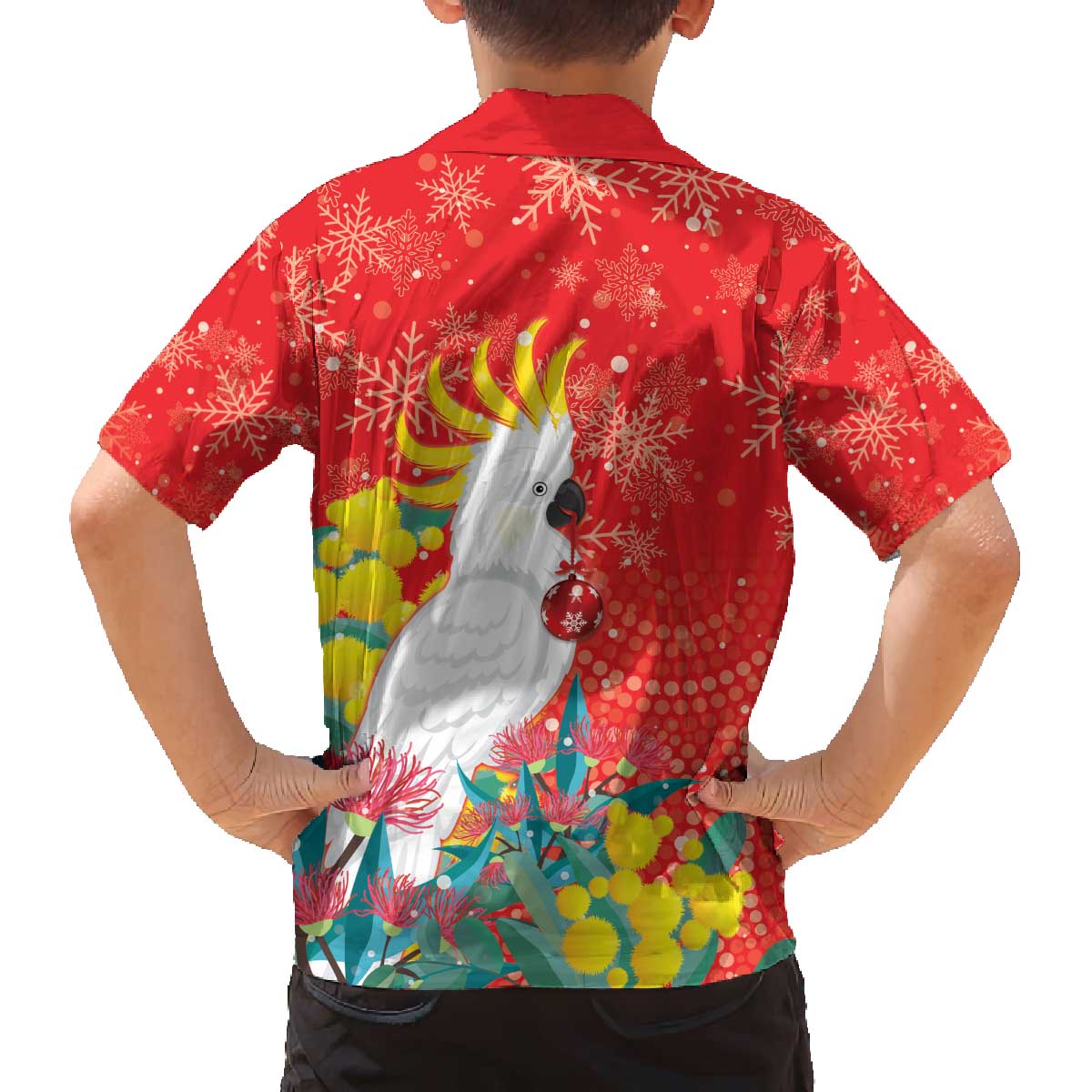 Sulphur-crested Cockatoo Christmas Family Matching Off The Shoulder Long Sleeve Dress and Hawaiian Shirt Australia Gumtree With Golden Wattle