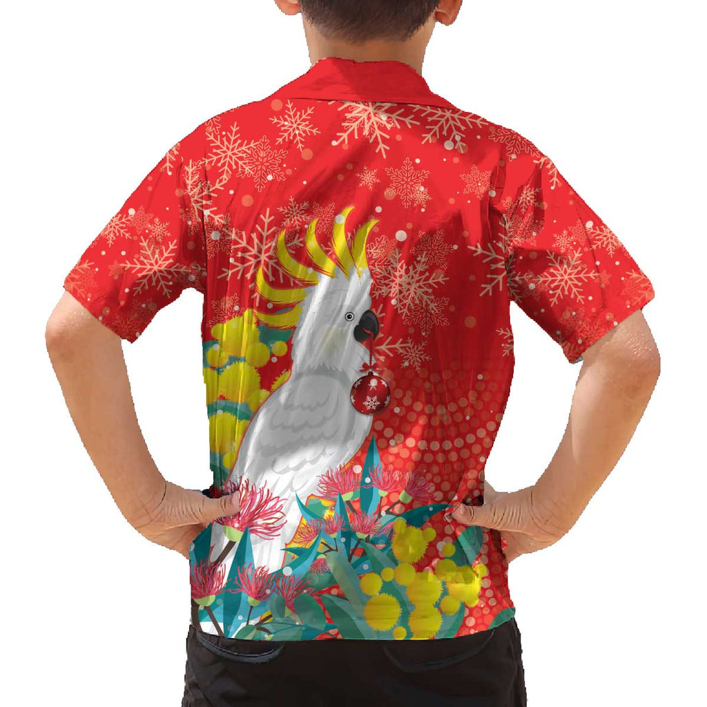 Sulphur-crested Cockatoo Christmas Family Matching Off The Shoulder Long Sleeve Dress and Hawaiian Shirt Australia Gumtree With Golden Wattle