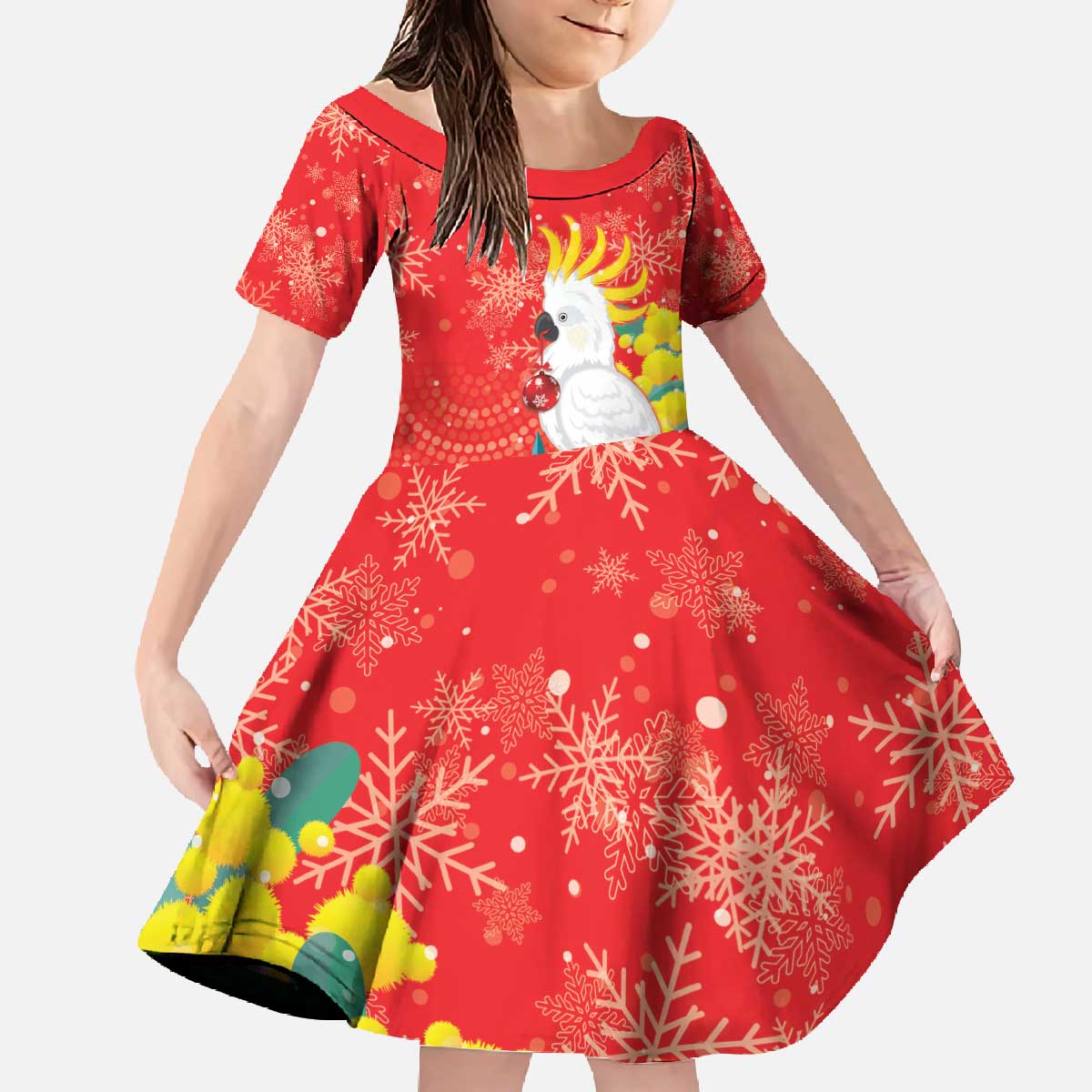 Sulphur-crested Cockatoo Christmas Family Matching Off The Shoulder Long Sleeve Dress and Hawaiian Shirt Australia Gumtree With Golden Wattle