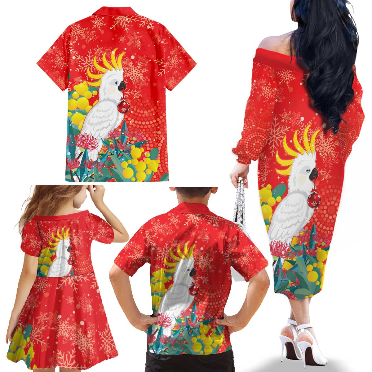 Sulphur-crested Cockatoo Christmas Family Matching Off The Shoulder Long Sleeve Dress and Hawaiian Shirt Australia Gumtree With Golden Wattle