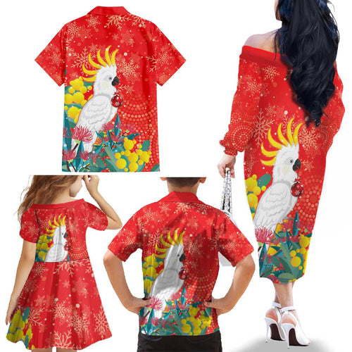 Sulphur-crested Cockatoo Christmas Family Matching Off The Shoulder Long Sleeve Dress and Hawaiian Shirt Australia Gumtree With Golden Wattle