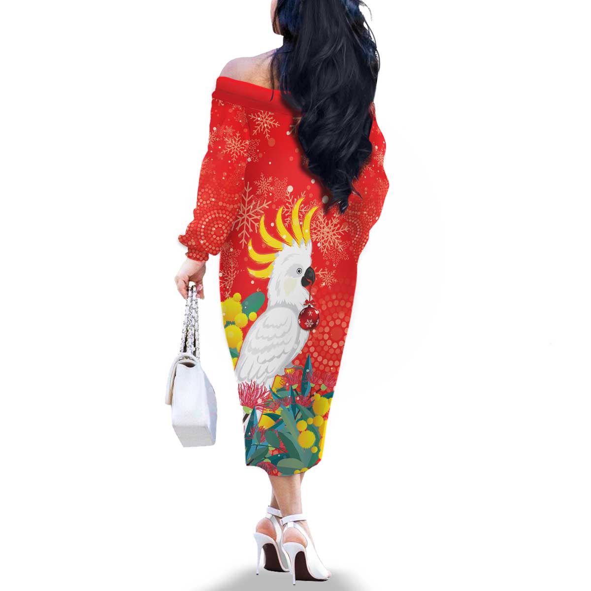 Sulphur-crested Cockatoo Christmas Family Matching Off The Shoulder Long Sleeve Dress and Hawaiian Shirt Australia Gumtree With Golden Wattle