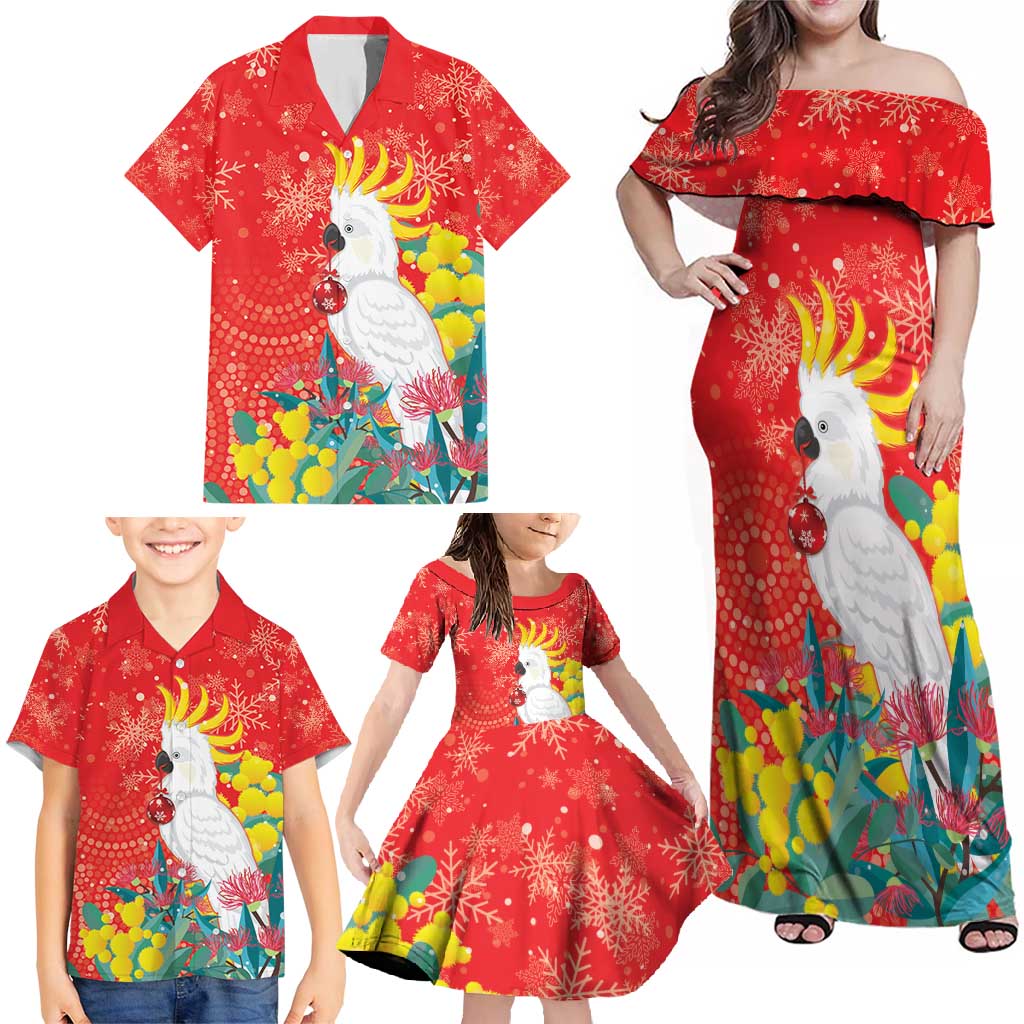 Sulphur-crested Cockatoo Christmas Family Matching Off Shoulder Maxi Dress and Hawaiian Shirt Australia Gumtree With Golden Wattle