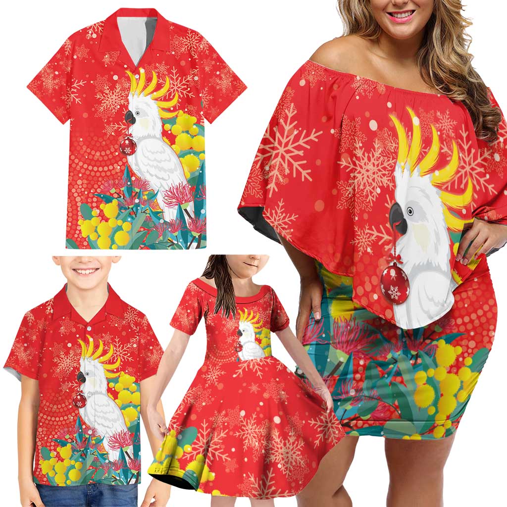 Sulphur-crested Cockatoo Christmas Family Matching Off Shoulder Short Dress and Hawaiian Shirt Australia Gumtree With Golden Wattle