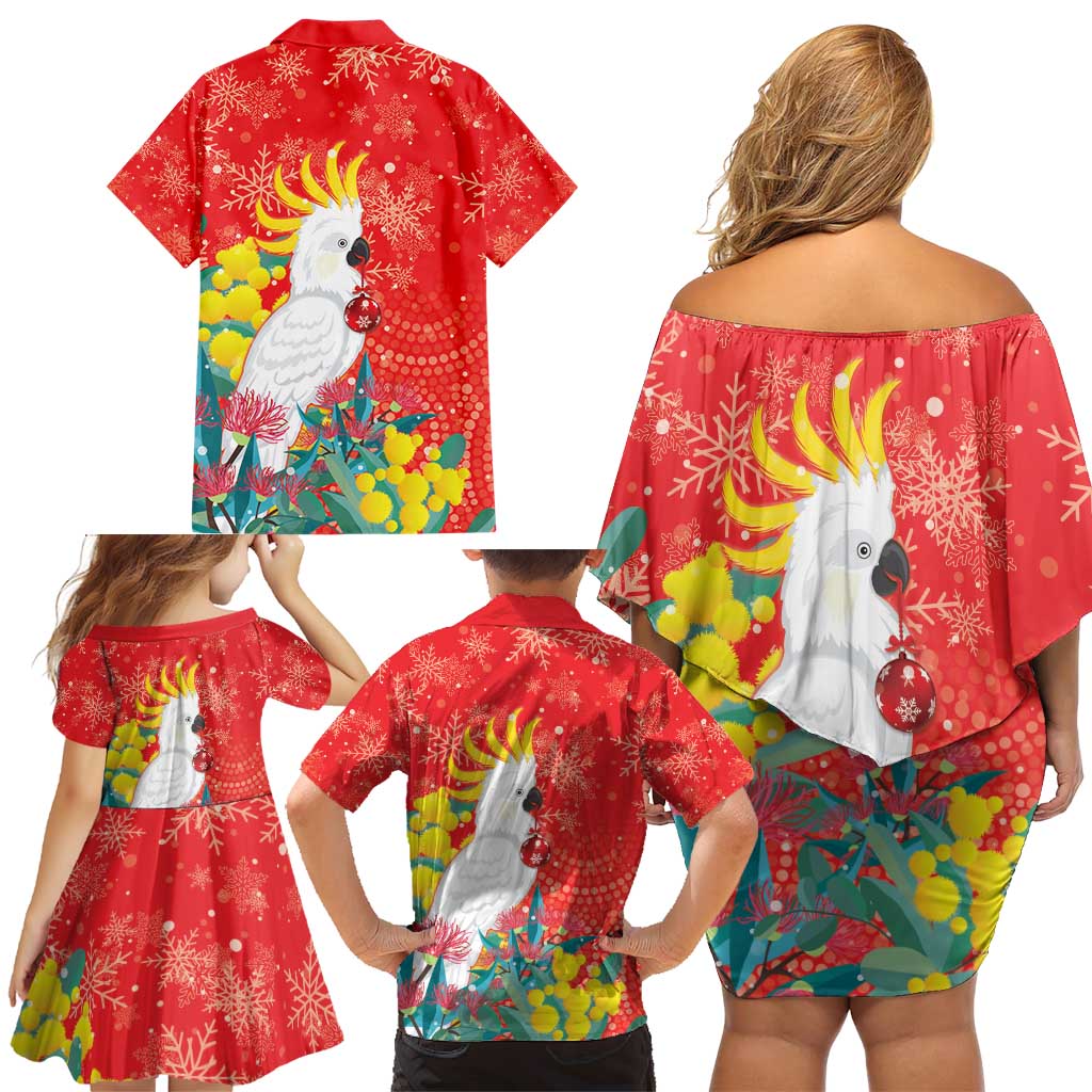 Sulphur-crested Cockatoo Christmas Family Matching Off Shoulder Short Dress and Hawaiian Shirt Australia Gumtree With Golden Wattle