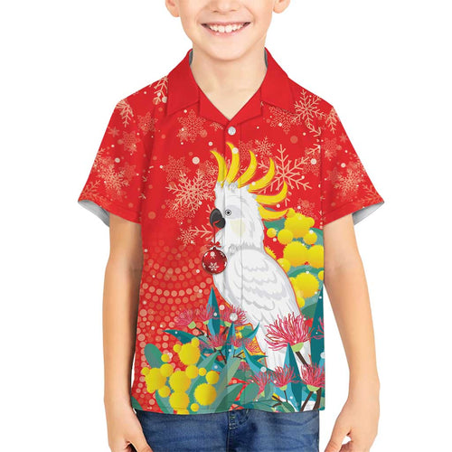 Sulphur-crested Cockatoo Christmas Family Matching Off Shoulder Short Dress and Hawaiian Shirt Australia Gumtree With Golden Wattle