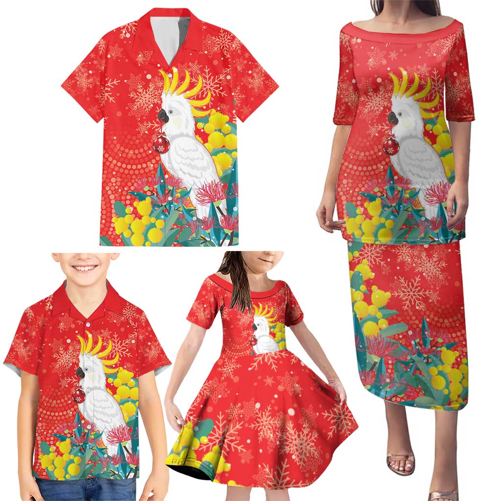 Sulphur-crested Cockatoo Christmas Family Matching Puletasi and Hawaiian Shirt Australia Gumtree With Golden Wattle