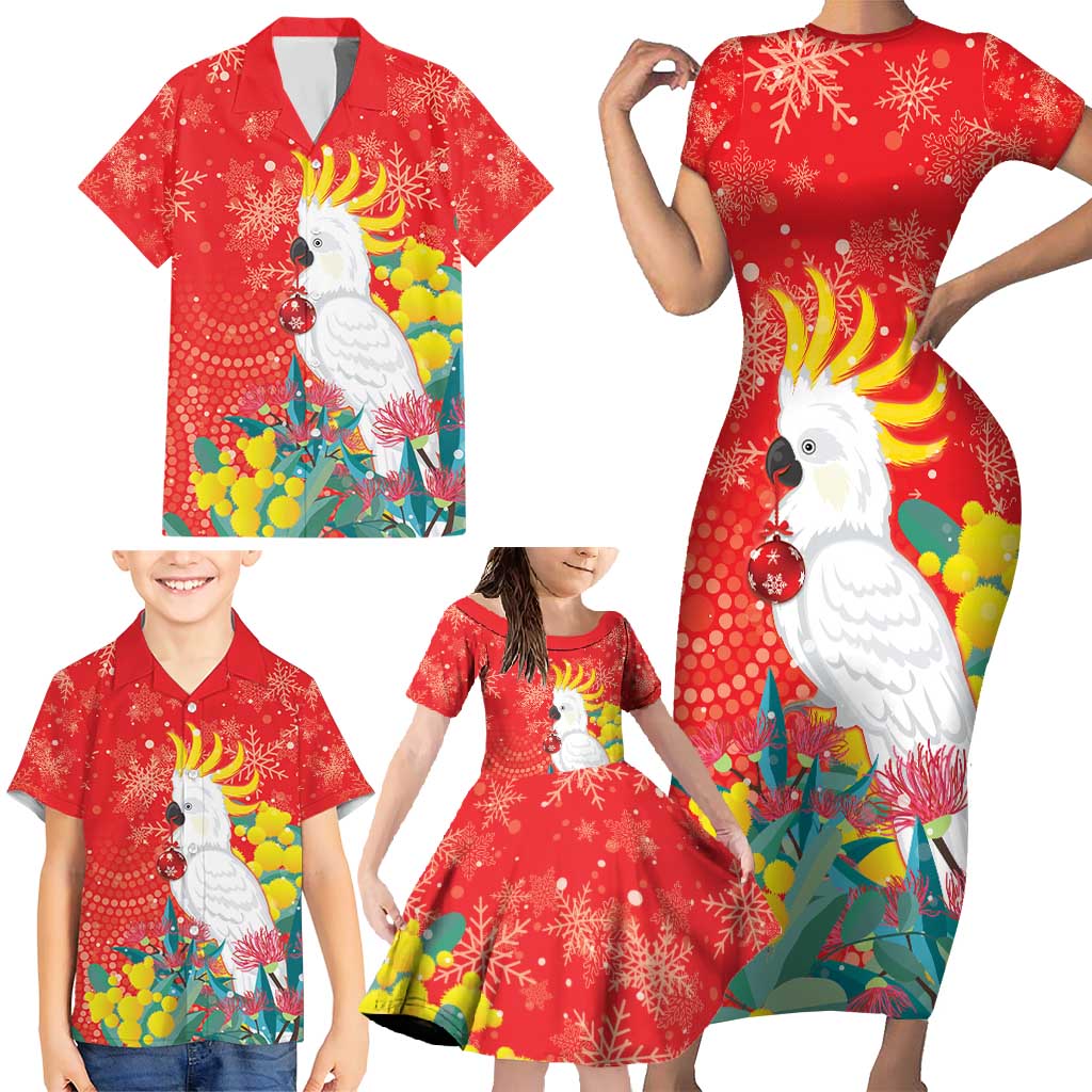 Sulphur-crested Cockatoo Christmas Family Matching Short Sleeve Bodycon Dress and Hawaiian Shirt Australia Gumtree With Golden Wattle
