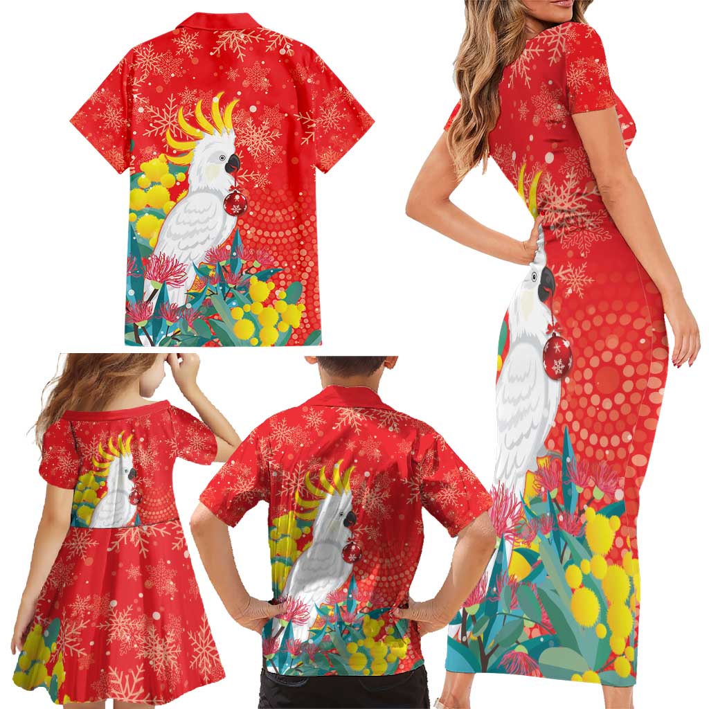 Sulphur-crested Cockatoo Christmas Family Matching Short Sleeve Bodycon Dress and Hawaiian Shirt Australia Gumtree With Golden Wattle