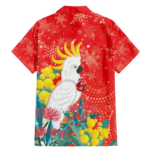 Sulphur-crested Cockatoo Christmas Family Matching Short Sleeve Bodycon Dress and Hawaiian Shirt Australia Gumtree With Golden Wattle