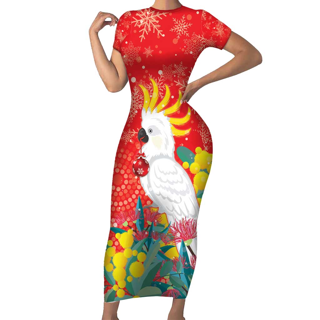 Sulphur-crested Cockatoo Christmas Family Matching Short Sleeve Bodycon Dress and Hawaiian Shirt Australia Gumtree With Golden Wattle