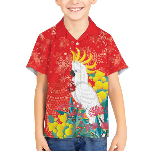 Sulphur-crested Cockatoo Christmas Family Matching Short Sleeve Bodycon Dress and Hawaiian Shirt Australia Gumtree With Golden Wattle