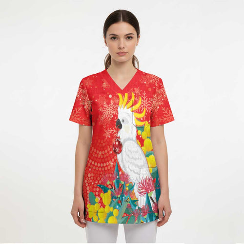 Sulphur-crested Cockatoo Christmas Scrub Top Australia Gumtree With Golden Wattle - Aussie Hoodie