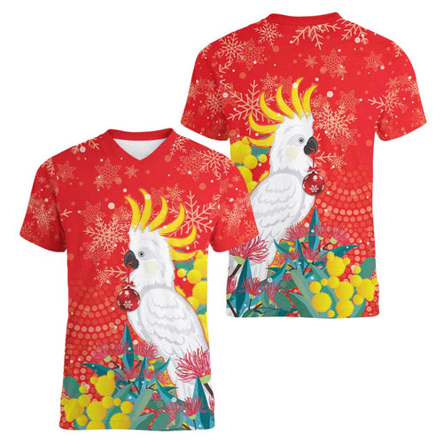 Sulphur-crested Cockatoo Christmas Women V-Neck T-Shirt Australia Gumtree With Golden Wattle