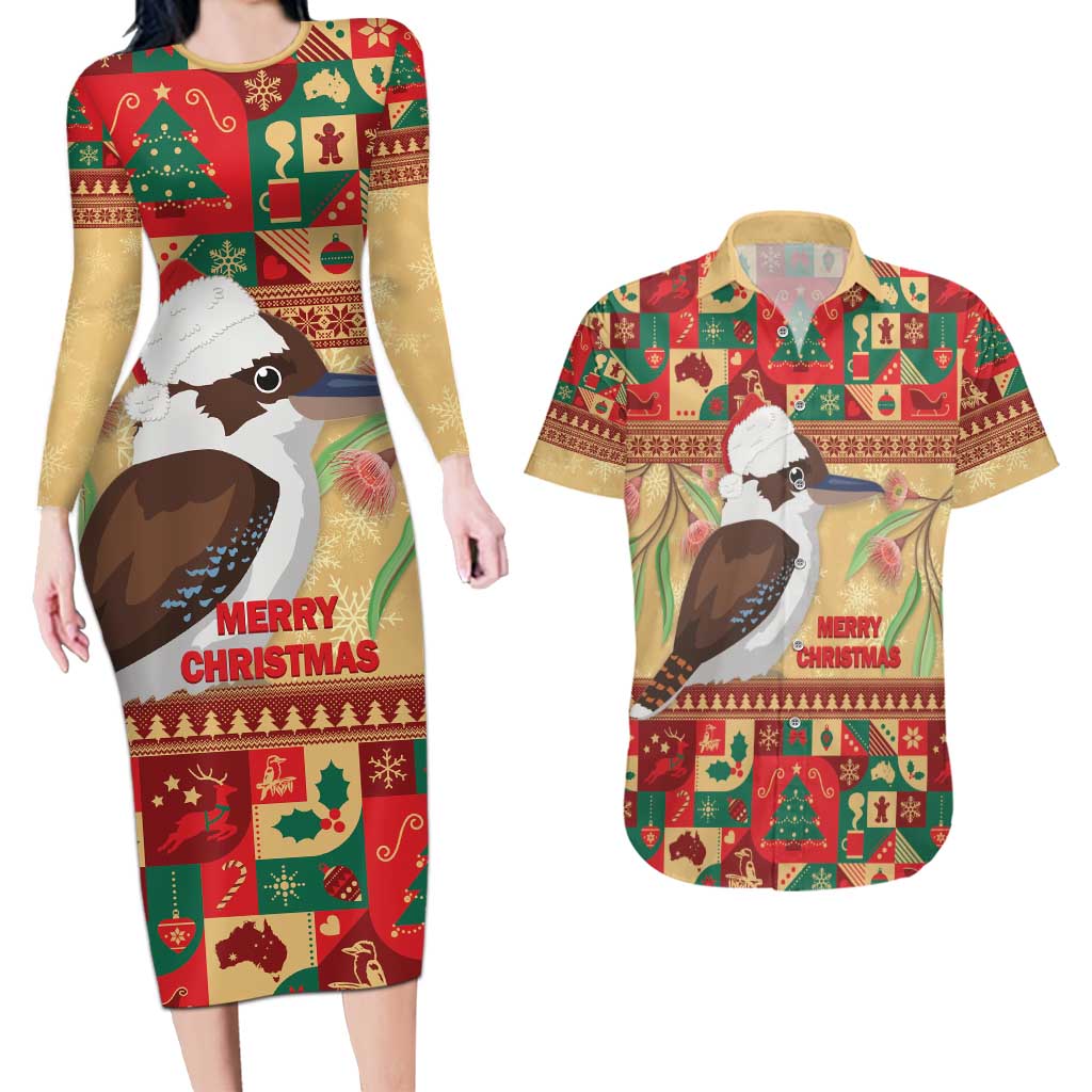 Australia Christmas Couples Matching Long Sleeve Bodycon Dress and Hawaiian Shirt Kookaburra Santa With Gumtree
