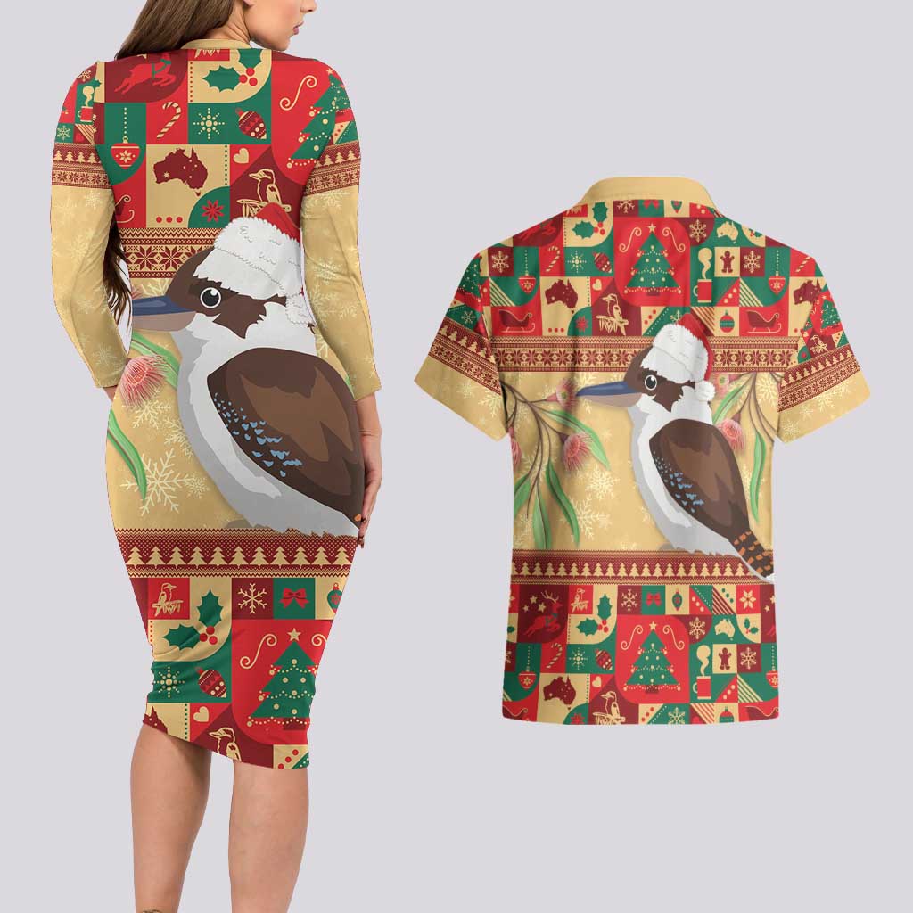 Australia Christmas Couples Matching Long Sleeve Bodycon Dress and Hawaiian Shirt Kookaburra Santa With Gumtree