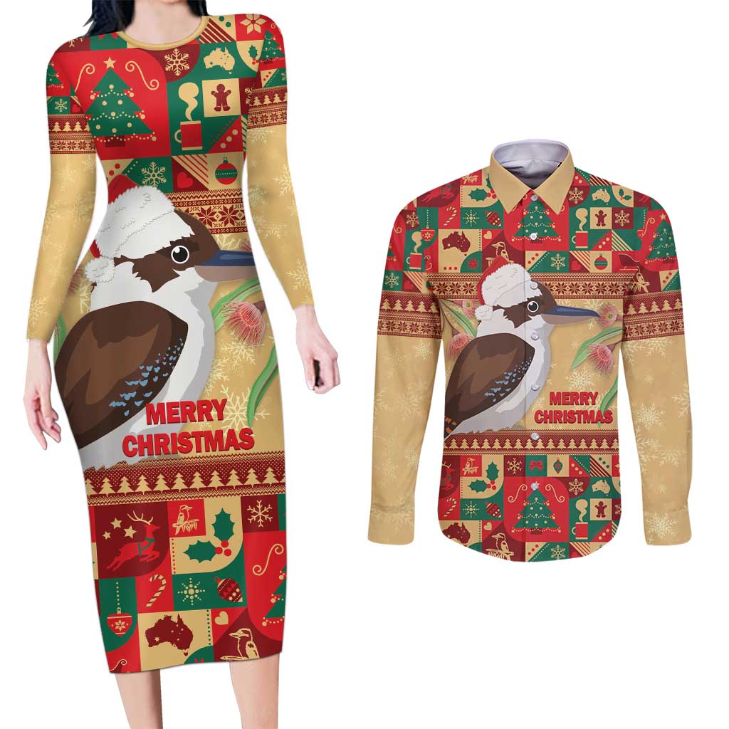 Australia Christmas Couples Matching Long Sleeve Bodycon Dress and Long Sleeve Button Shirt Kookaburra Santa With Gumtree