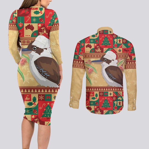 Australia Christmas Couples Matching Long Sleeve Bodycon Dress and Long Sleeve Button Shirt Kookaburra Santa With Gumtree