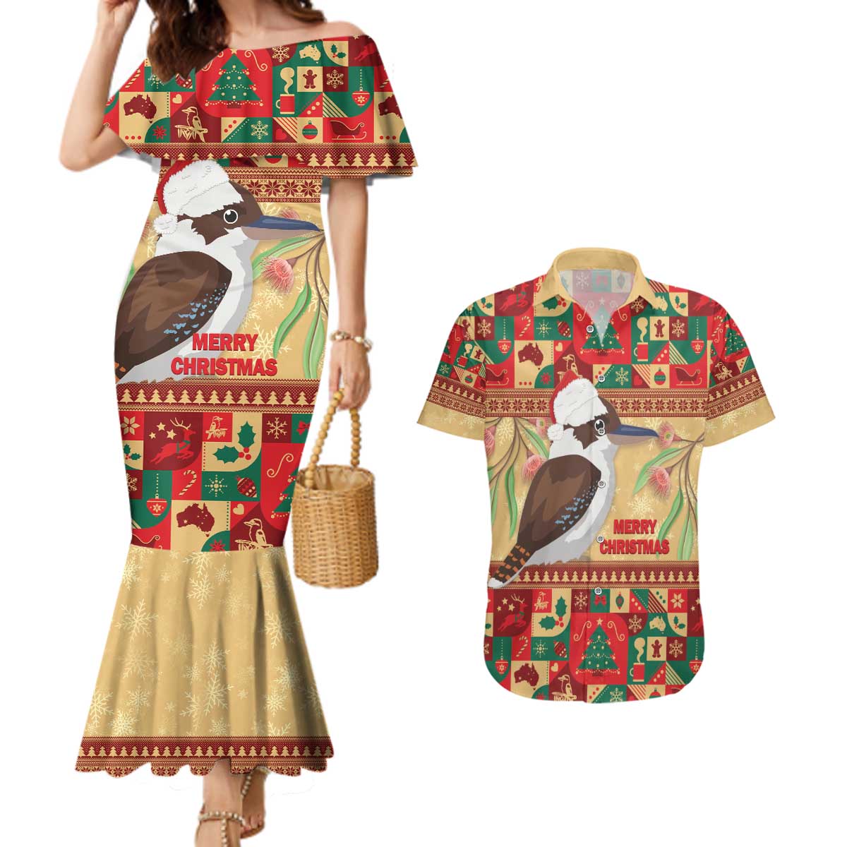Australia Christmas Couples Matching Mermaid Dress and Hawaiian Shirt Kookaburra Santa With Gumtree