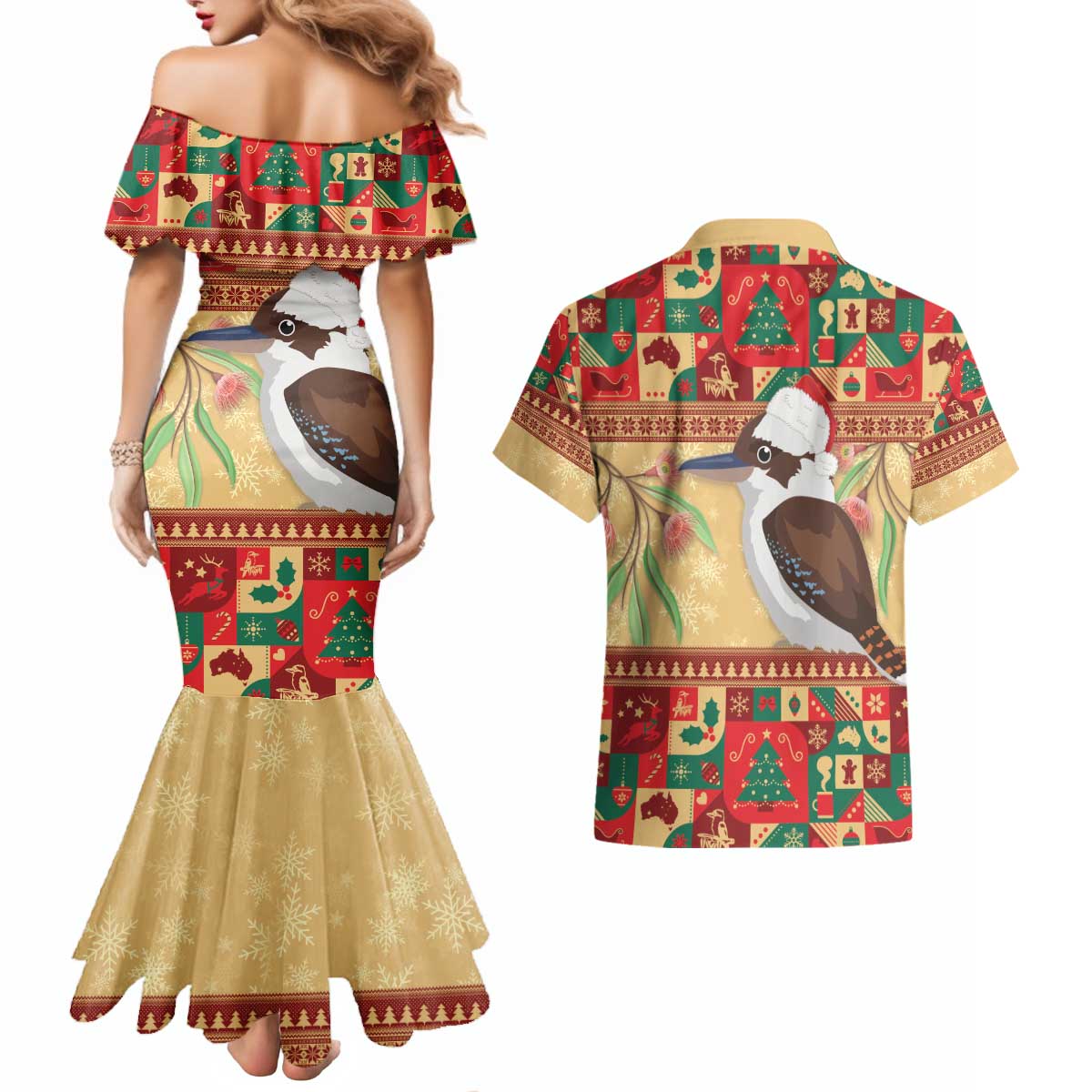 Australia Christmas Couples Matching Mermaid Dress and Hawaiian Shirt Kookaburra Santa With Gumtree