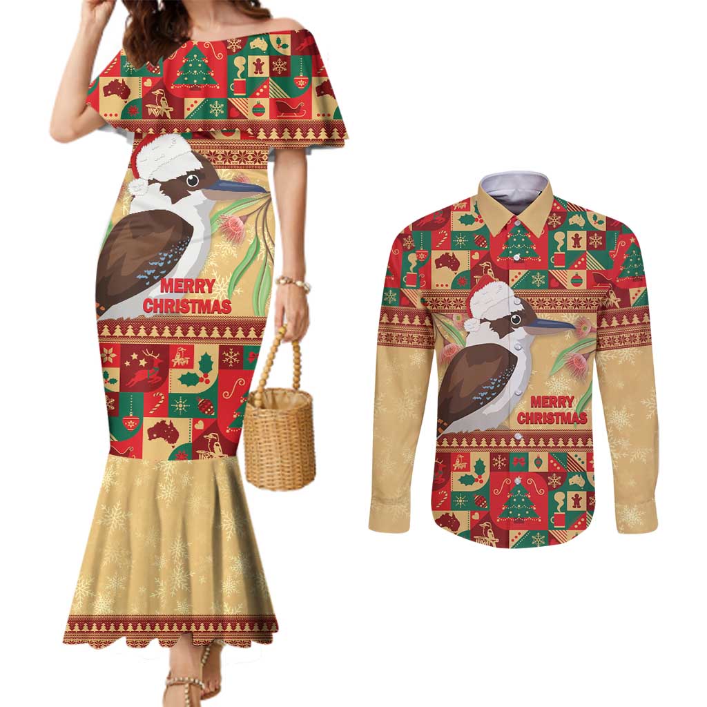 Australia Christmas Couples Matching Mermaid Dress and Long Sleeve Button Shirt Kookaburra Santa With Gumtree