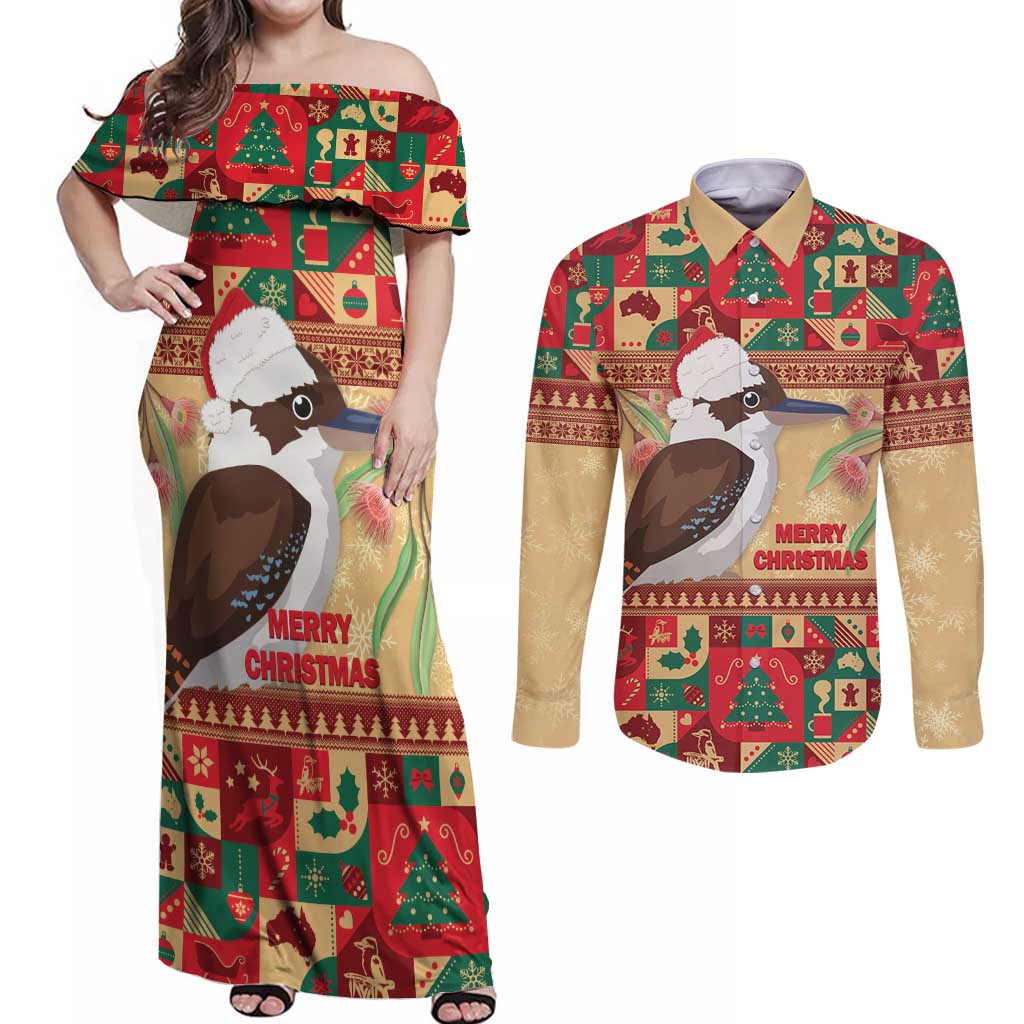 Australia Christmas Couples Matching Off Shoulder Maxi Dress and Long Sleeve Button Shirt Kookaburra Santa With Gumtree
